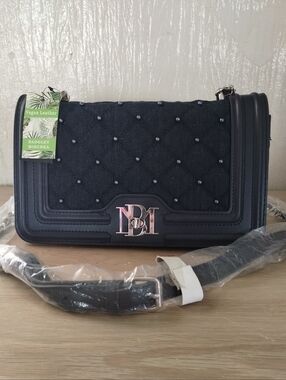 Badgley Mischka Denim Diamond Quilted Crossbody With Pearl Accents